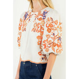 THML - Floral Embroidered Puff Sleeve Top - Cream