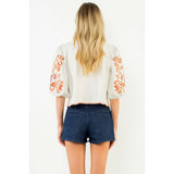 THML - Floral Embroidered Puff Sleeve Top - Cream