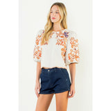 THML - Floral Embroidered Puff Sleeve Top - Cream