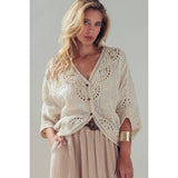 Urban Daizy - Floral Embroidered Lace Button Front Top - Natural