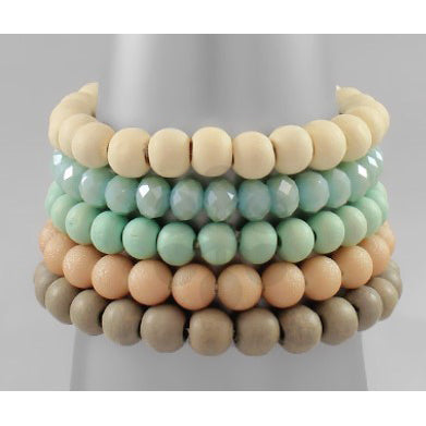 Wood and Bead Bracelet - Ivory and Mint