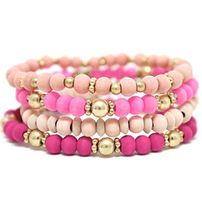 4 Row Wood Ball Bracelet - Pink