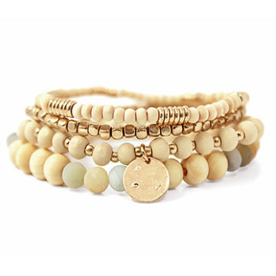 4 Row Wood Bead Bracelet - Natural and Gold