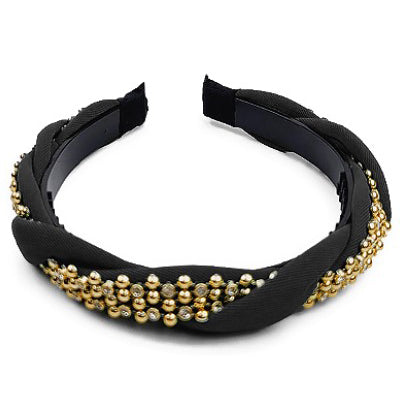 Crystal & Metal Ball Bead Headband - Black and Gold