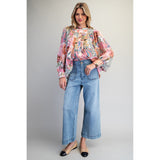 ee:some - Floral Printed Bubble Sleeve Blouse - Rose Blush