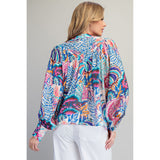 ee:some - Floral Printed Bubble Sleeve Blouse - Royal Blue