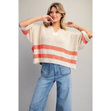 ee:some - Striped Notched Neck Cropped Sweater - Sunset Soda