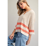 ee:some - Striped Notched Neck Cropped Sweater - Sunset Soda