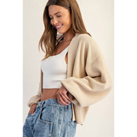 ee:some - Open Front Bubble Sleeve Knit Cardigan - Sand