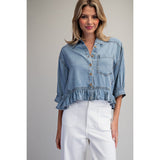 ee:some - Ruffled Hem Button Down Denim Top - Denim