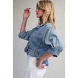 ee:some - Ruffled Hem Button Down Denim Top - Denim