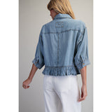 ee:some - Ruffled Hem Button Down Denim Top - Denim
