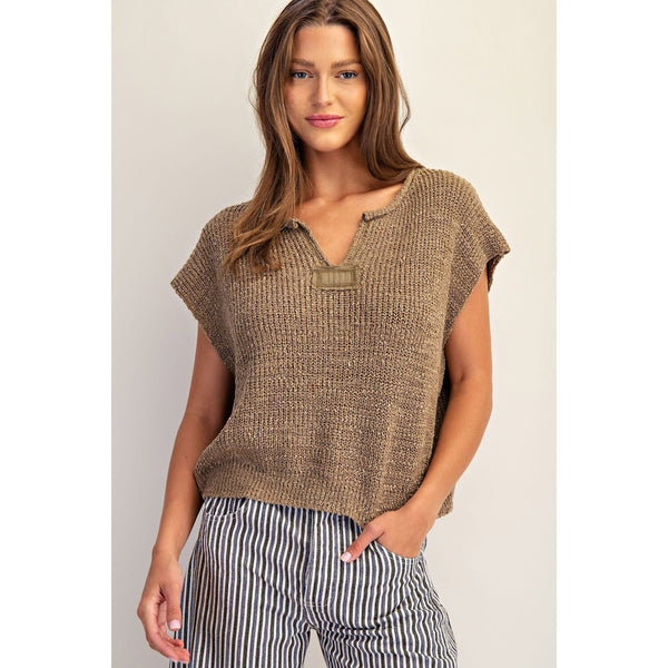 ee:some - Solid Cap Sleeve Notched Neck Knit Sweater - Cappuccino