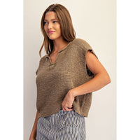 ee:some - Solid Cap Sleeve Notched Neck Knit Sweater - Cappuccino