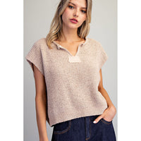 ee:some - Solid Cap Sleeve Notched Neck Knit Sweater - Oatmeal