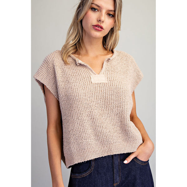 ee:some - Solid Cap Sleeve Notched Neck Knit Sweater - Oatmeal