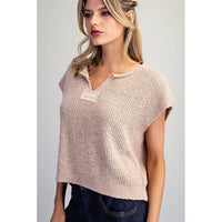 ee:some - Solid Cap Sleeve Notched Neck Knit Sweater - Oatmeal