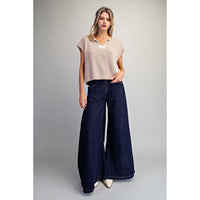 ee:some - Solid Cap Sleeve Notched Neck Knit Sweater - Oatmeal