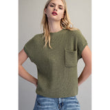 ee:some - Solid Round Neck Short Sleeve Sweater Top - Dry Herb