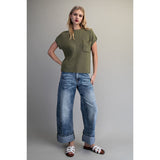 ee:some - Solid Round Neck Short Sleeve Sweater Top - Dry Herb