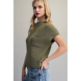ee:some - Solid Round Neck Short Sleeve Sweater Top - Dry Herb