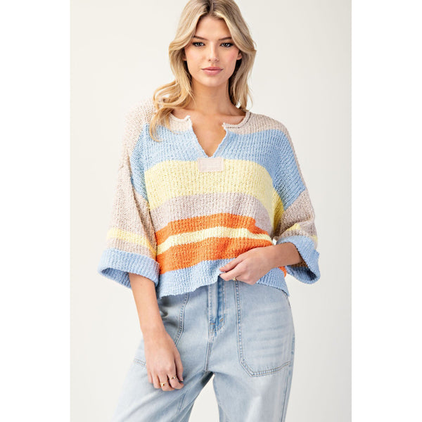 ee:some - Striped Notched Collar Top - Periwinkle