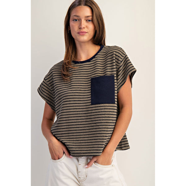 ee:some - Striped Patch Pocket Boxy Top - Dry Herb