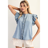ee:some - Washed Ruffle Trim Flutter Sleeve Chambray Blouse - Denim