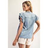 ee:some - Washed Ruffle Trim Flutter Sleeve Chambray Blouse - Denim