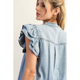 ee:some - Washed Ruffle Trim Flutter Sleeve Chambray Blouse - Denim