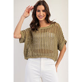ee:some - Crochet Knit Short Sleeve Sweater Top - Dry Herb