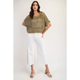 ee:some - Crochet Knit Short Sleeve Sweater Top - Dry Herb