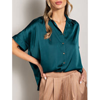 ee:some - Satin Short Sleeve Button Down Top - Teal