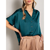 ee:some - Satin Short Sleeve Button Down Top - Teal
