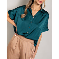 ee:some - Satin Short Sleeve Button Down Top - Teal