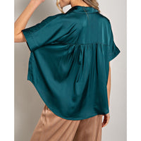 ee:some - Satin Short Sleeve Button Down Top - Teal