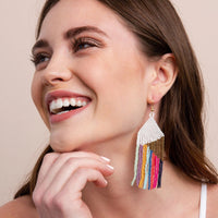 Ink + Alloy - Elise Angle With Stipes Beaded Fringe Earrings - White Rainbow