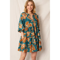 En Crème - Printed 3/4 Sleeve Tiered Mini Dress - Teal Brown
