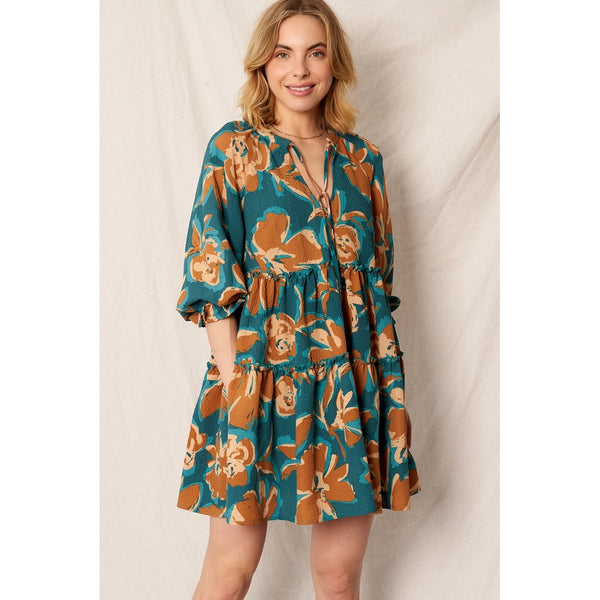En Crème - Printed 3/4 Sleeve Tiered Mini Dress - Teal Brown