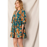 En Crème - Printed 3/4 Sleeve Tiered Mini Dress - Teal Brown