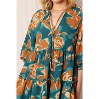 En Crème - Printed 3/4 Sleeve Tiered Mini Dress - Teal Brown