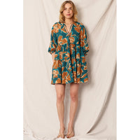 En Crème - Printed 3/4 Sleeve Tiered Mini Dress - Teal Brown