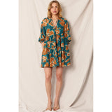 En Crème - Printed 3/4 Sleeve Tiered Mini Dress - Teal Brown