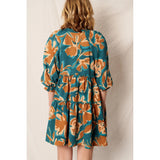 En Crème - Printed 3/4 Sleeve Tiered Mini Dress - Teal Brown