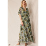 En Crème - V-Neck Printed Gauze Maxi Dress - Green