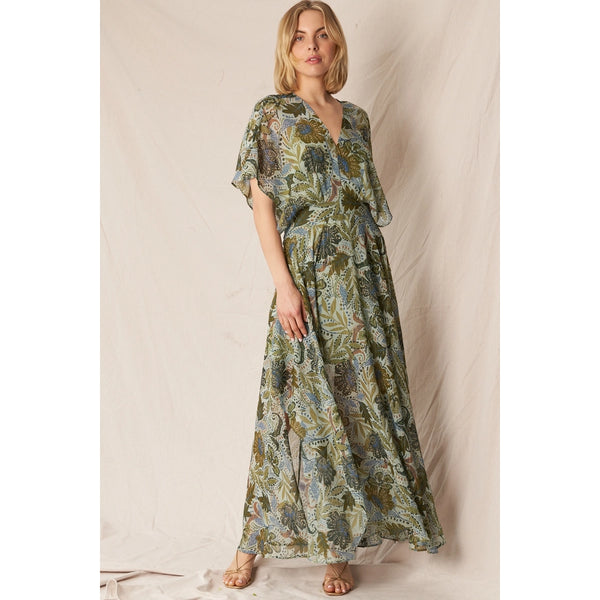 En Crème - V-Neck Printed Gauze Maxi Dress - Green