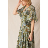 En Crème - V-Neck Printed Gauze Maxi Dress - Green