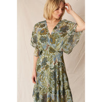 En Crème - V-Neck Printed Gauze Maxi Dress - Green