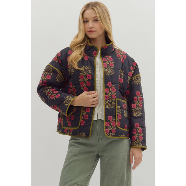Entro - Botanical Print Quilted Jacket - Black