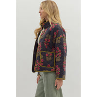 Entro - Botanical Print Quilted Jacket - Black